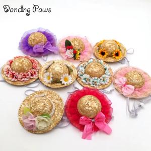 Natural Hand Made Cat Straw Hat Dog Spring and Summer Hat Puppies Pet Accessories